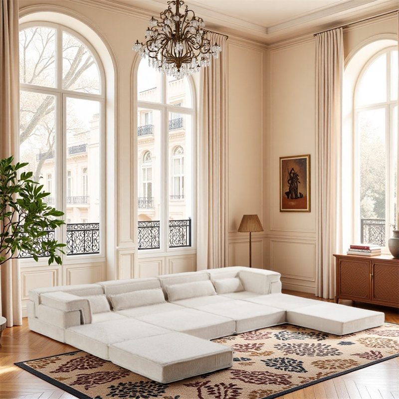 Très grand canapé modulaire sans os à quatre places avec repose-pieds, Blanc