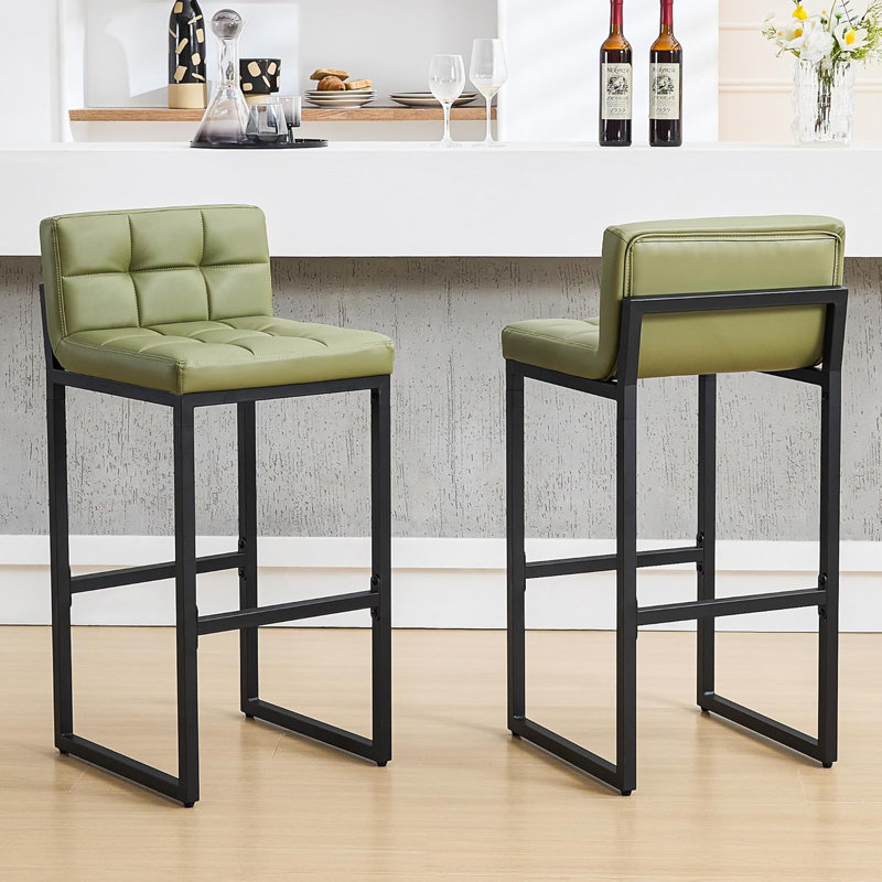 Tabouret de bar rembourré à dossier bas avec structure en métal épaissie pour îlot de cuisine, 2, Vert