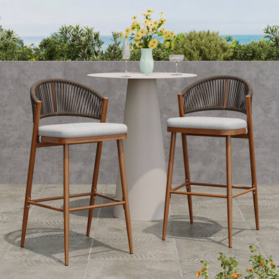 Set Of 2 Outdoor Patio Barstools, 30.25" Seat Height Aluminum Frame With PE Rattan Scallop-Shaped Backrest