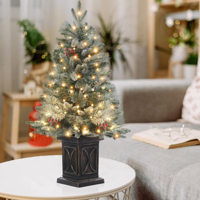 3Ft Prelit Premium Snow Flocked Artificial Christmas Tree,Pre-Lit Xmas Artificial Christmas Tree With Potted Base,78 Battery-Powered Led Lights White Tipped Branches And Red Berries