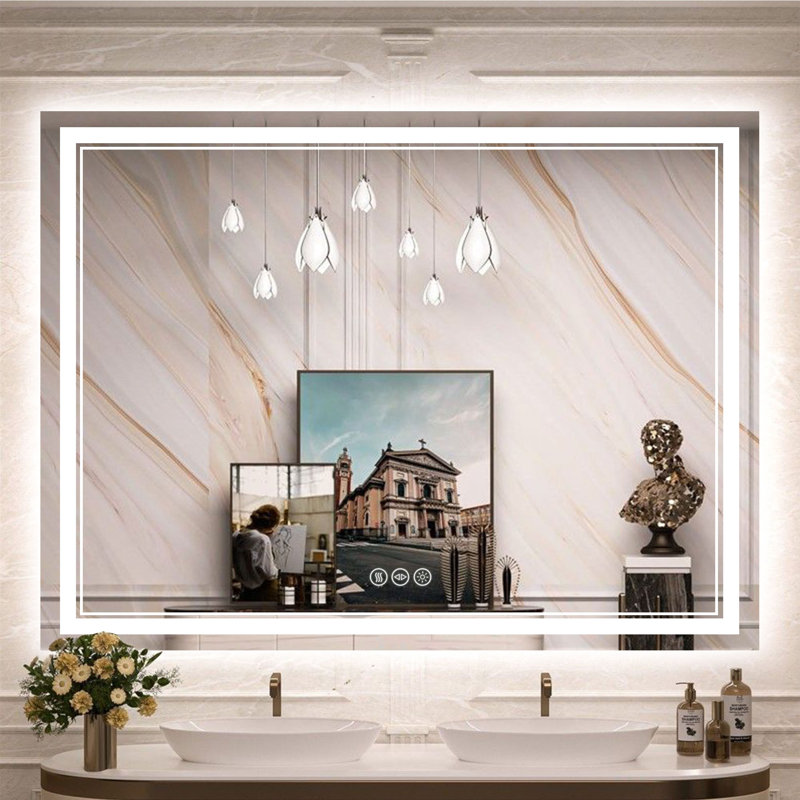 Bright Dual-Sided LED Bathroom Mirror with Anti-Fog, Stepless Dimming, and Three-Color Temperature Functionality. Tempered Glass Construction. Makeup Mirror. ETL/UL Certified.