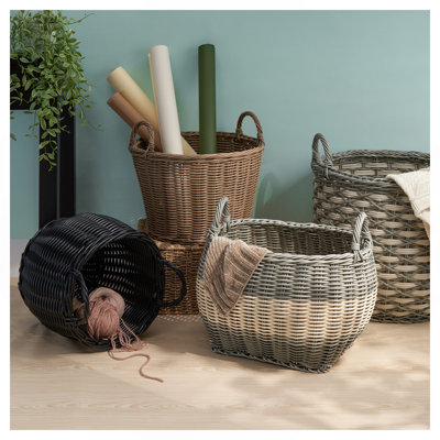 Lucius Round Resin Woven Wicker Basket with Handles - 13" x 13" x 10.2" - Black - For Clothes, Towels, Toys, Magazines Storage and Home Decoration