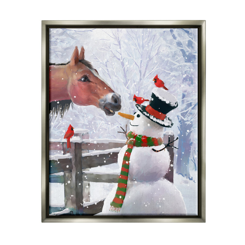 «Horse Eating Snowman Carrot Scene» par Pip Wilson, impression, H 31 po x l 25 po x P 1,7 po, Cadre flottant gris lustré