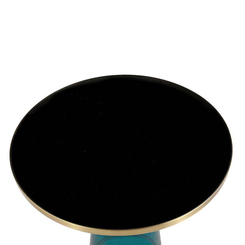 19" Round Side End Table Glass/Sintered Stone Top With Brushed Gold Rim And Tempered Glass Base, Blue, Black 