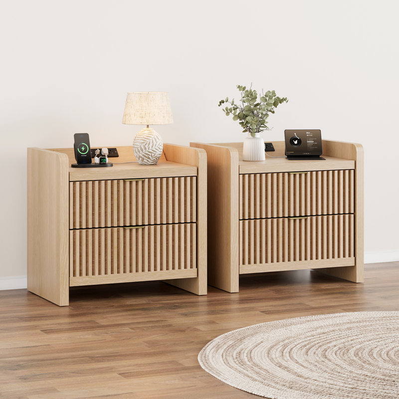 Ensemble de tables de chevet à 2 cannelures avec station de charge - table de chevet moderne à 2 tiroirs de 25 po de hauteur, grande table de chevet pour la chambre à coucher, canapé
