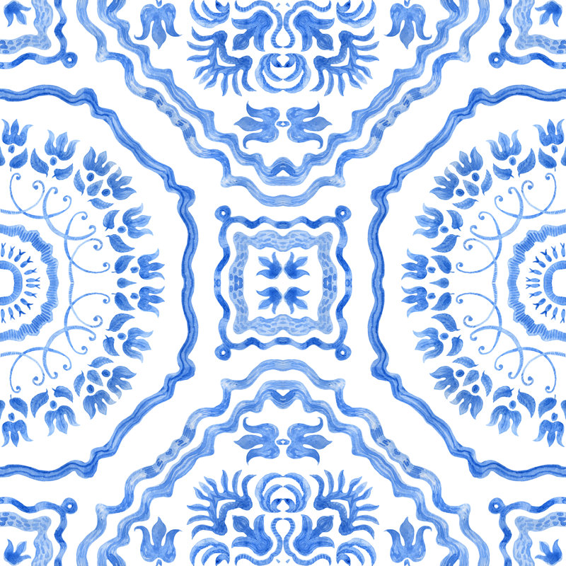 Indigo Blue Damask by L_Kramer - Wrapped Canvas Print, 122cm H x 122cm W