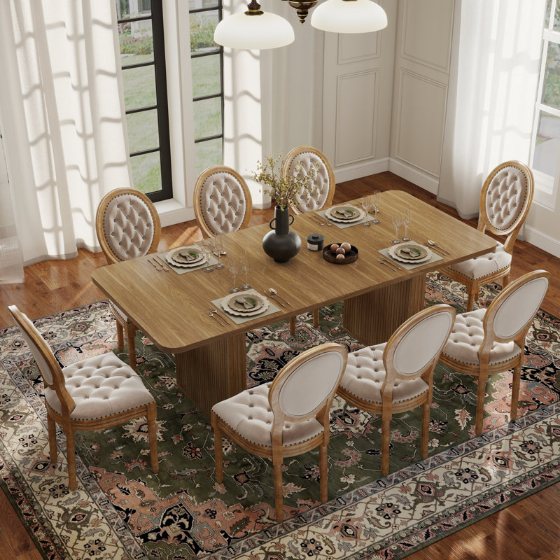 Ensemble de salle à manger Mid-Century, Beige, 9 pièces : table, 8 chaises