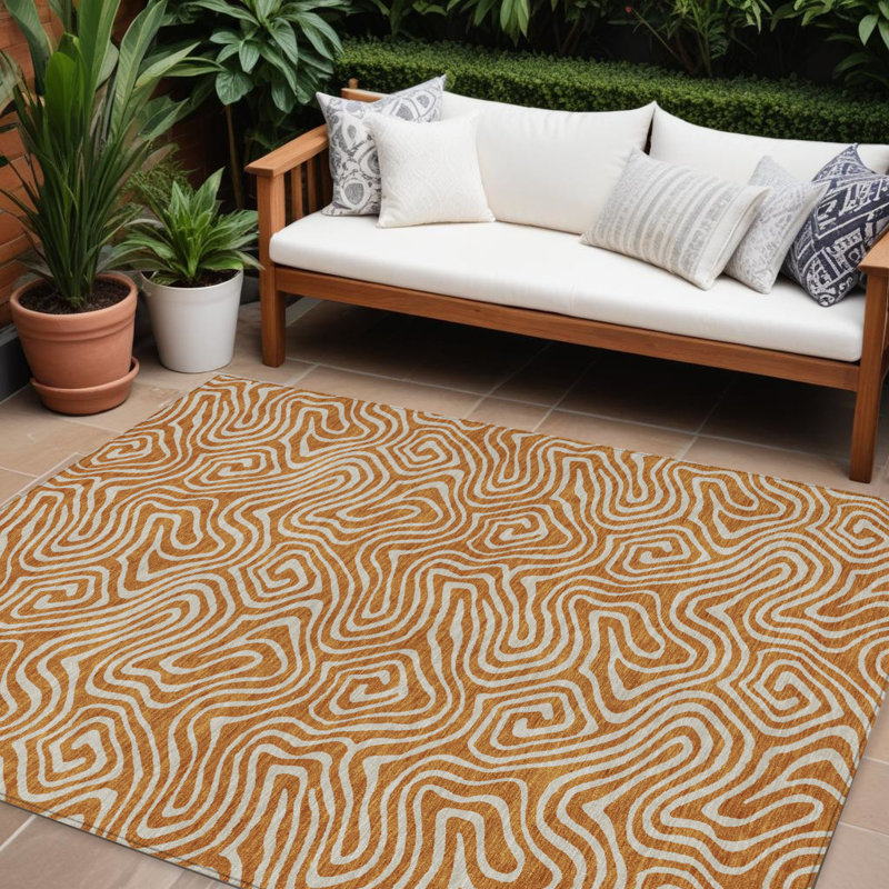 Tapis extérieur lavable abstrait cuivré et beige 10 pi x 14 pi
