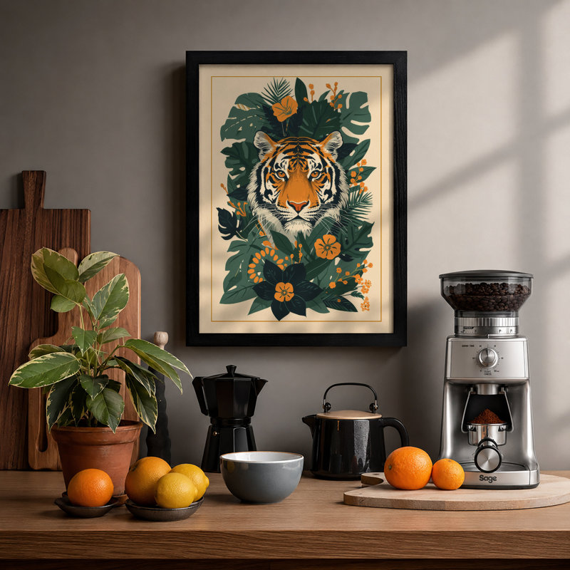 Tiger in Bloom Tropical - Framed Print, Black, A3 - 42.0 x 29.7 cm
