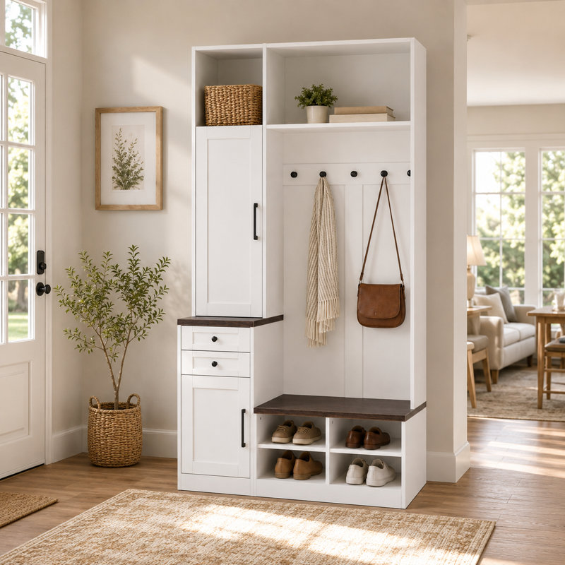 Ahn 86.6" Hall Tree With 5 Hooks, Storage Drawers & Shoe Bench