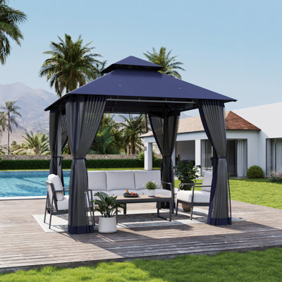 Pavillon de jardin robuste 8 pi x 8 pi avec abattants allongés - Pavillon à toit double à structure stable avec filet et drainage intégré