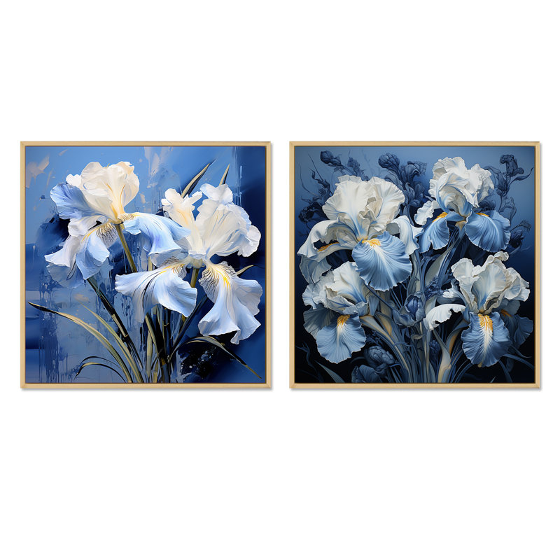 Jardin d'iris bleu et blanc III - ensemble de 2 collages carrés iris, Cadre flottant brun, H 30 po x l 61 po