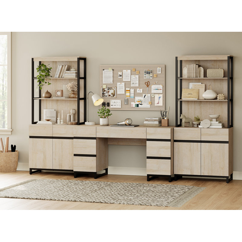 Aadam Home Office Furniture Set: 59In Modern Executive Desk With Charging Station & Drawers And 2 PCS 72In Tall Bookcases With Storage Cabinet, Home Office Furniture For Living Room, Bedroom
