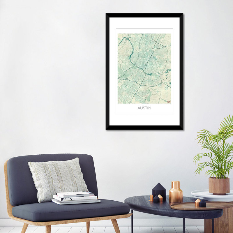 « austin rétro bleu aquarelle urban blueprint map », impression sur toile, H 24 po x l 16 po x P 1 po, Papier avec cadre noir