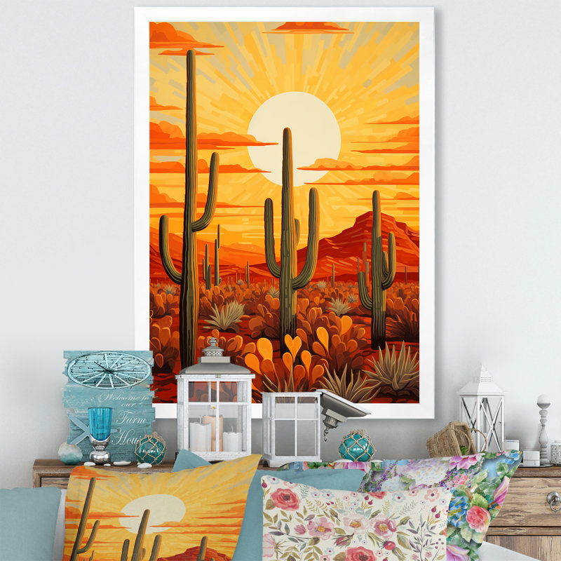 Cactus Sunset Shadows - Cactus, impressions sur toile, H 44 po x l 34 po x P 1,5 po, Cadre simple blanc