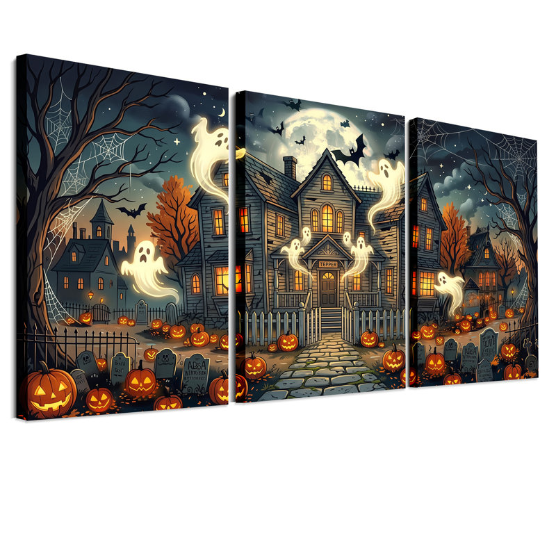 Maison hantée avec fantômes flottants et ensemble de 3 toiles d'Halloween, H 36 po x l 24 po x 3 pièces