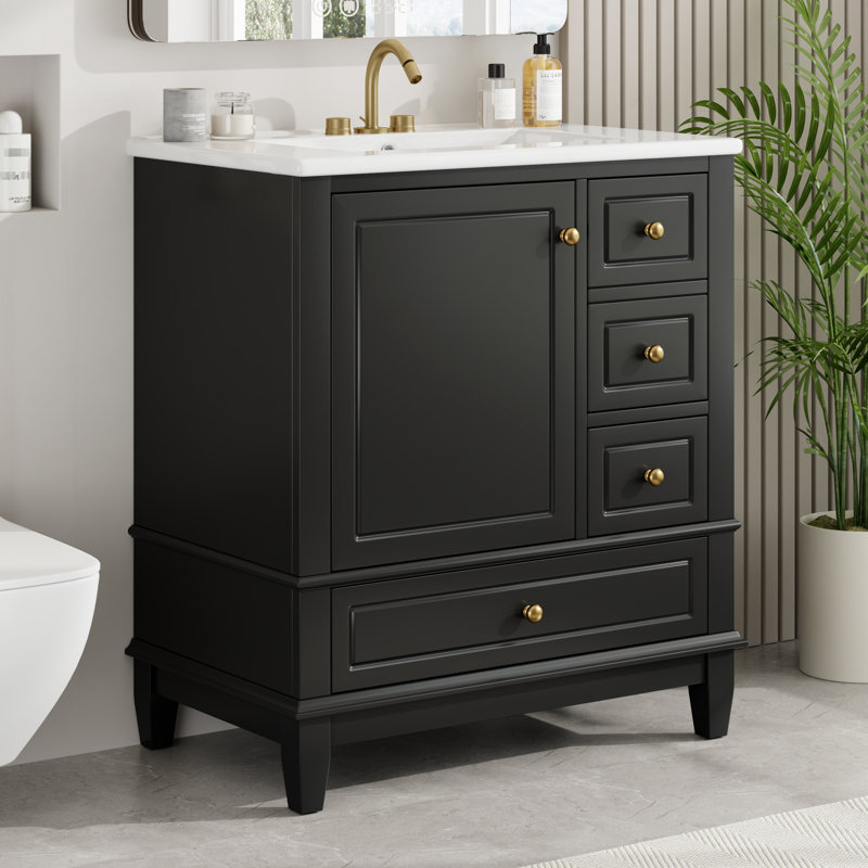 Lavabo de salle de bain 30 po, charnières de porte noires à fermeture en douceur, une avec tablette et 3 tiroirs, finition noire, construction, porte, rangement 1 et