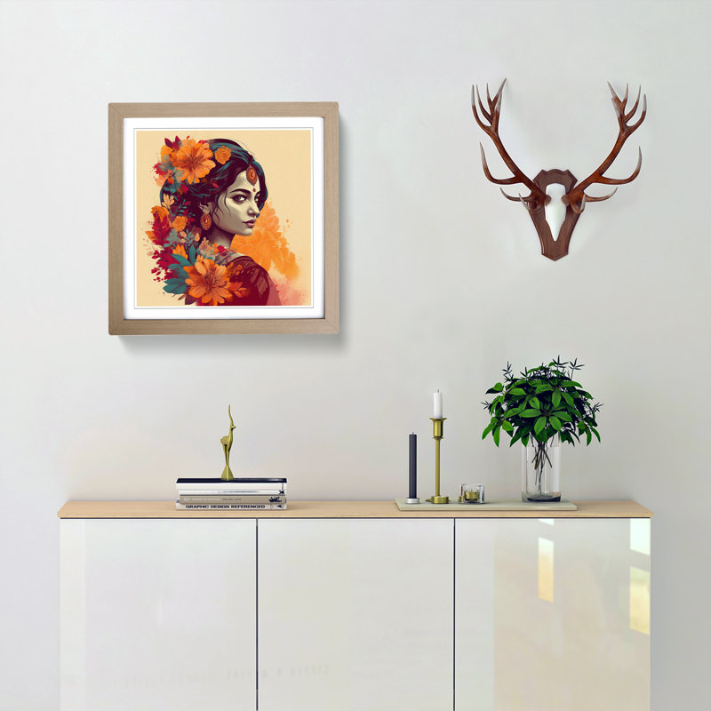Indian Woman Floral - Single Picture Frame Print on Wood, Oak