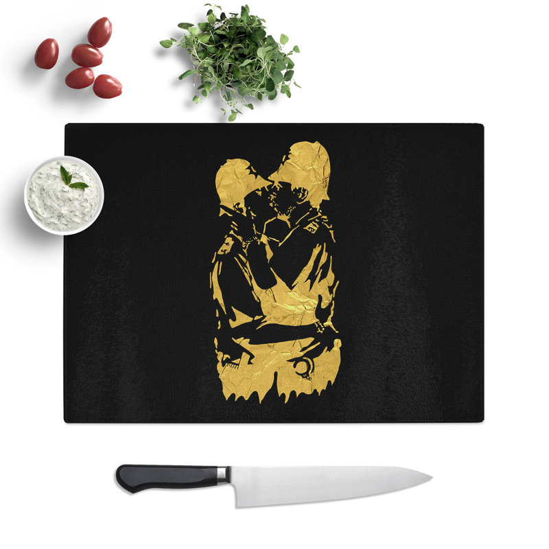 Banksy in Gold Kissing Policemen Chopping Board, 0.4cm H x 28.5cm W x 39cm L
