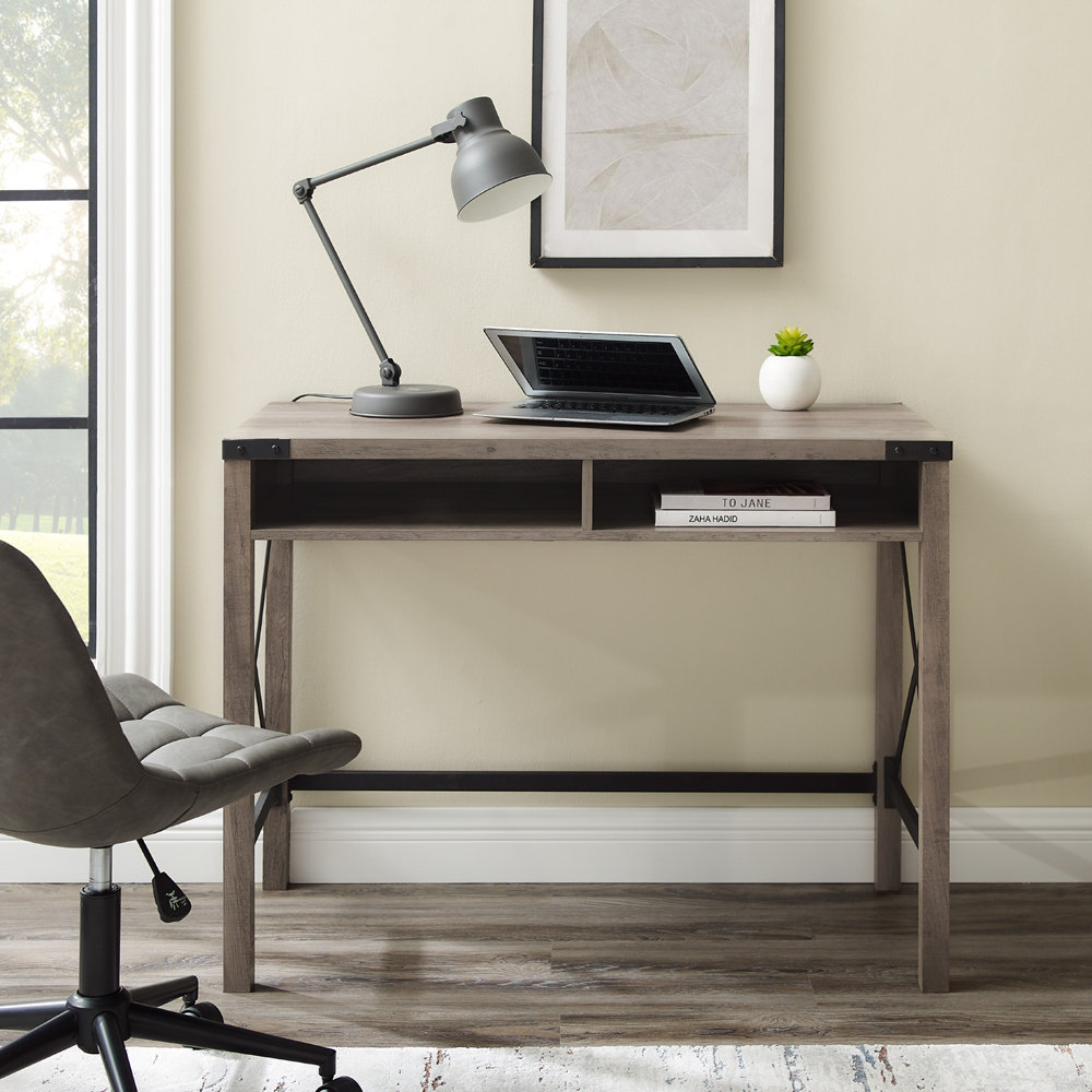Gracie Oaks Modern Farmhouse Metal-X Desk with Open Storage Cubbies ...
