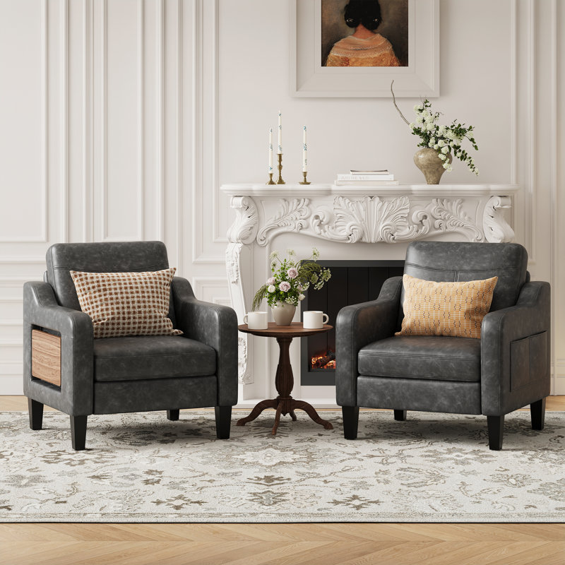 Wide Upholstered Accent Chair Faux Leather Armchair, Black