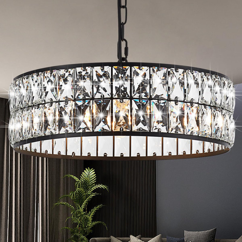 16" Crystal Chandelier, Round Black Ceiling Light Fixture For Dining Room, Kitchen Island, Bedroom