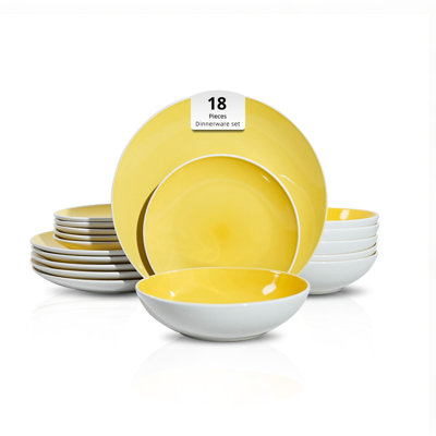 HomeVSS Coupe Shape 18-Piece Stoneware Dinnerware Set, Outside White & Inside Shiny Glaze, Service for 6