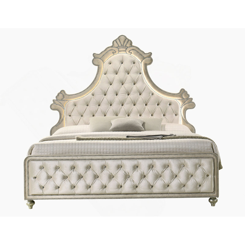 Lit Ek en velours beige avec DEL
