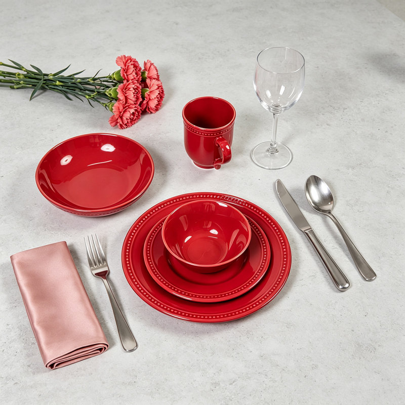 Service de table 20 pièces en grès à pois nacrés HomeVSS, pour 4 personnes, Rouge