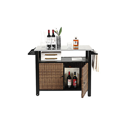 Outdoor Kitchen Wicker Island Rolling Cart With Cabinet