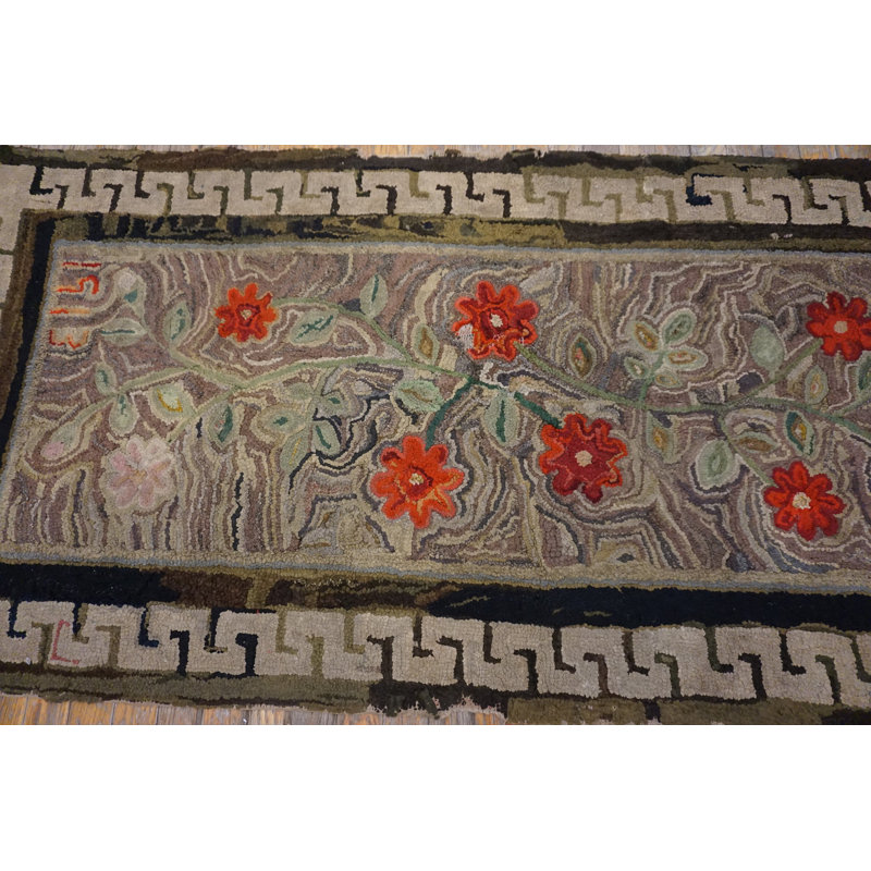 Tapis gris antique en laine et coton crocheté Antique American