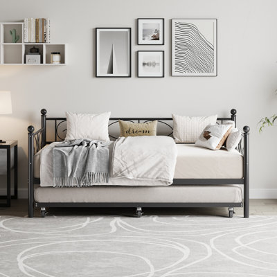 Daybed with Trundle Bed, Twin Size Day Bed with Floral Headboard, Metal SOFE Bed Frame with Pull-Out Trundle, Heavy Duty Steel Slats Supports, for Liv