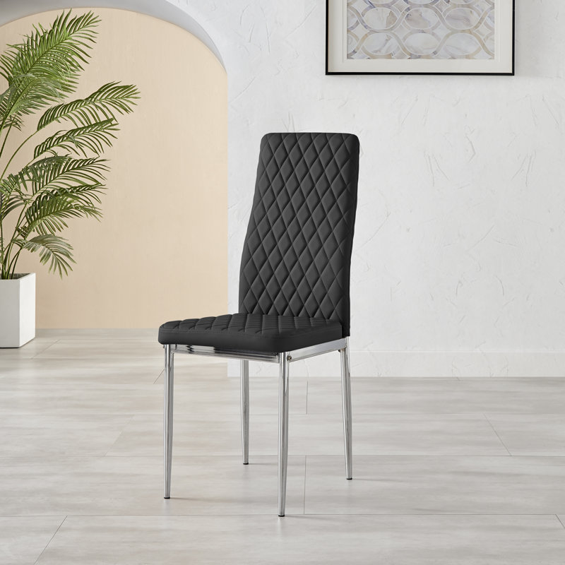 Tierra Modern Chrome Metal & Glass Round Dining Table Set with 4 Quilted Faux Leather Chairs, Black/Silver