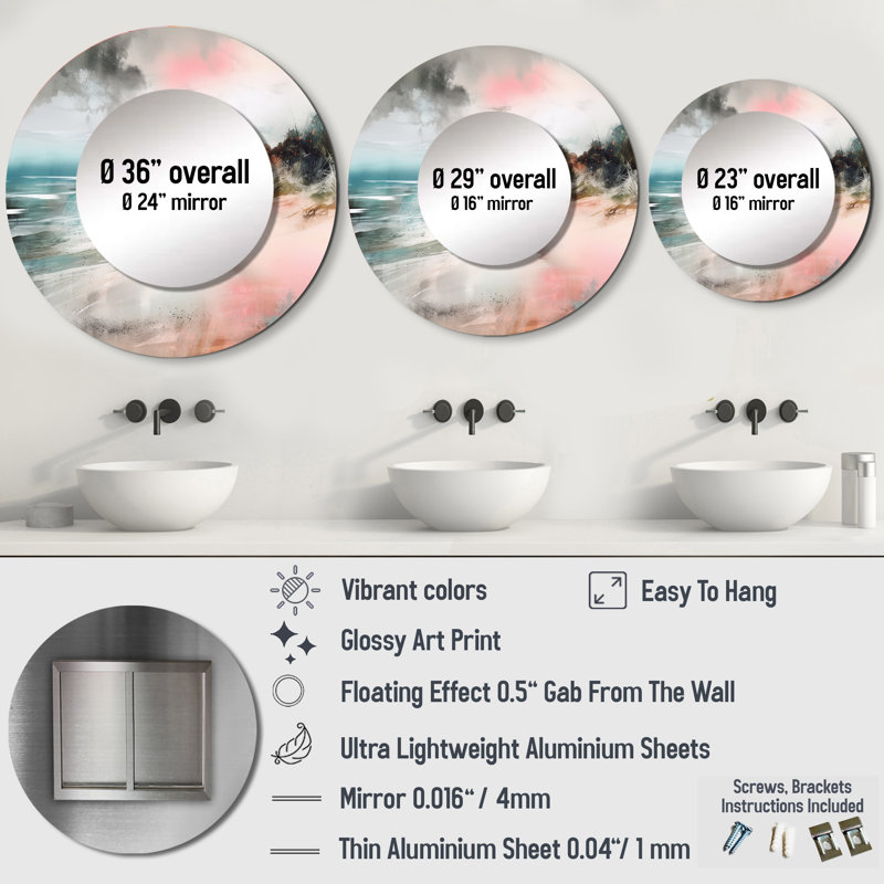 Emsley Ocean'S Embrace V - Beach Wall Mirror, Gray Round Decorative Mirror, Printed Metal Art, 36" x 36"