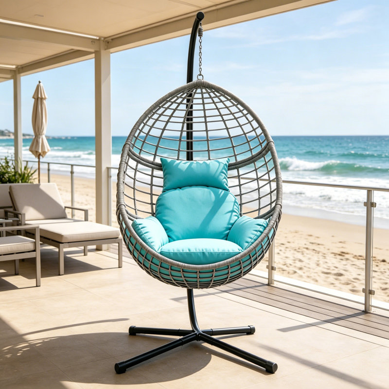 Balancelle suspendue en rotin toutes saisons avec coussins , Structure grise / coussin bleu
