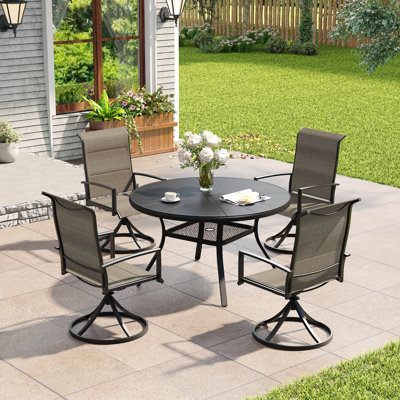 Aluminum Patio Dining Set with 4-person Round Dining Table and 4 Swivel PVC-coated polyester  Padded Dining Chairs