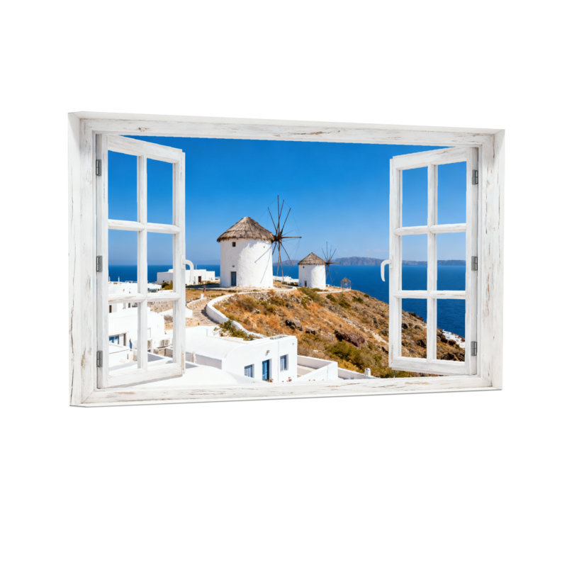 Cadre de fenêtre blanc paysage et nature vue de l'île grecque, H 20 po x l 30 po