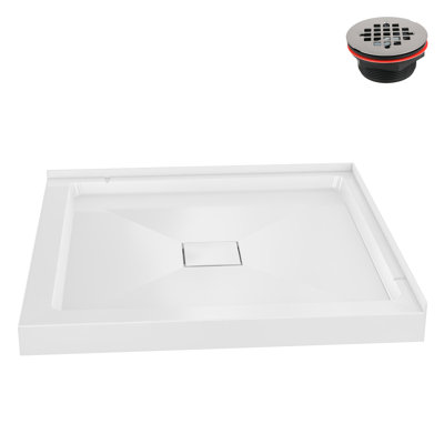 Streamline 34 in. x 34 in. Corner PP Shower Base in Glossy White With Centre Drain, Drain Included