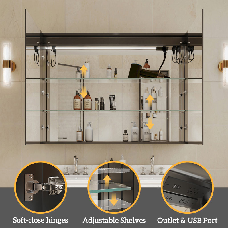 48 In. W X 36 In. H Rectangular Aluminum Dimmable Flowing Led Light Anti-fog Surface Mount Medicine Cabinet With Mirror