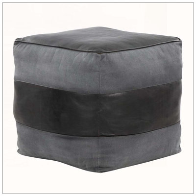 Square Ottoman with Leather and Canvas Stitching