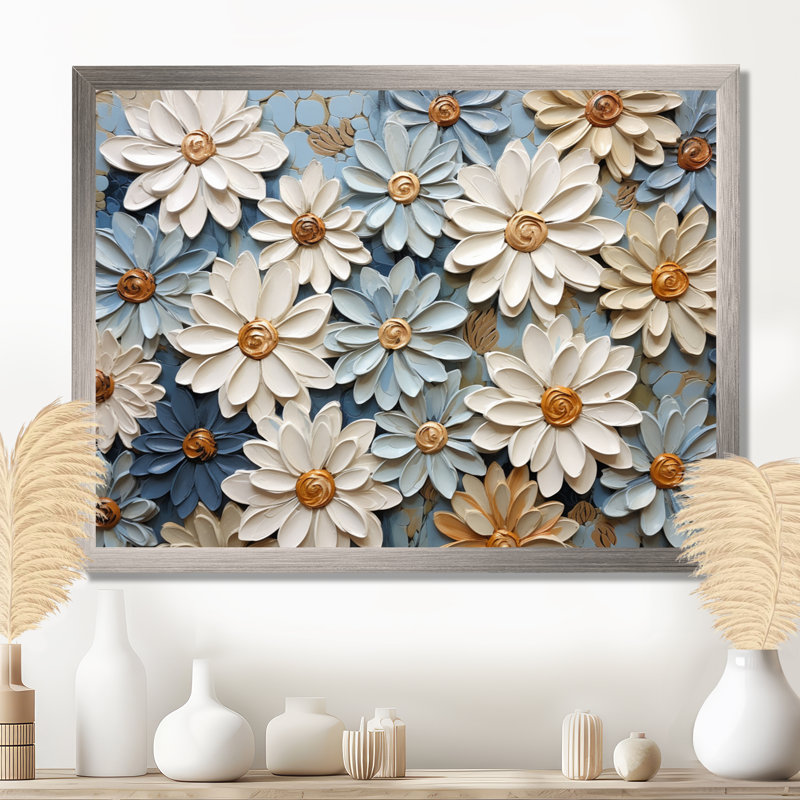 «Blue Blooms Zinnias fleurs», reproduction d'art sur toile encadrée Zinnias, 16" H x 32" W, Gold Picture Framed