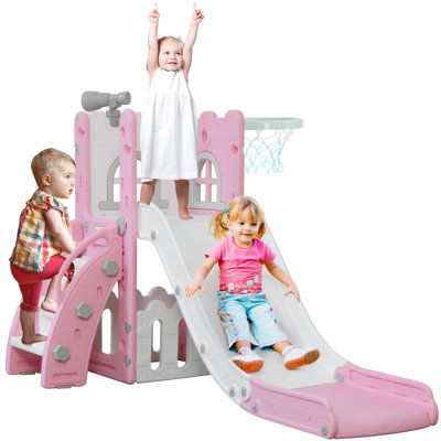 6 In 1 Slide For Toddler Age 1-3, Indoor Outdoor Playground With Basketball Hoop,Storage And Telescope,L Shaped Slide