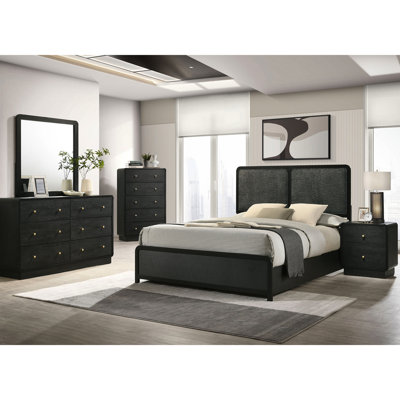 Mid - Century Modern Black Eastern King Bed, Charcoal Upholstered Panels, Foam Padding, And Scratch Veneer Size Panel Design, Padded Upholstery, Rounded Frame, Low