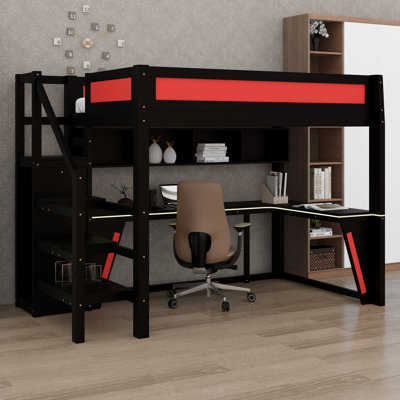 Lit mezzanine élégant avec bureau intégré, garde-robe, DEL et USB
