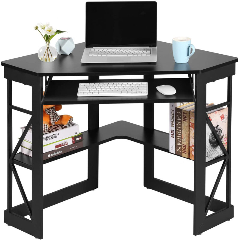Lambrecht Corner Desk with Storage Shelves, Triangle Computer Desk with Keyboard Tray & Bookshelves for Small Space, 90 Degrees Space Saving Writing Desk Laptop PC Table for Home Office, Living Room, Bedroom