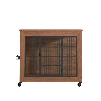 Large Dog Crate Furniture with Lockable Caster Wheels, Heavy‑Duty Wooden Indoor Dog Kennel End Table, Double Anti‑Escape Latched Doors Chew‑Proof Steel Pet Crate for Medium‑Large Dogs