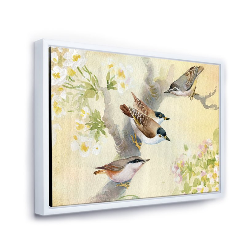 Oiseaux sur un pommier en fleurs - Peinture sur toile, H 16 po x l 32 po x p 1 po, Cadre flottant blanc