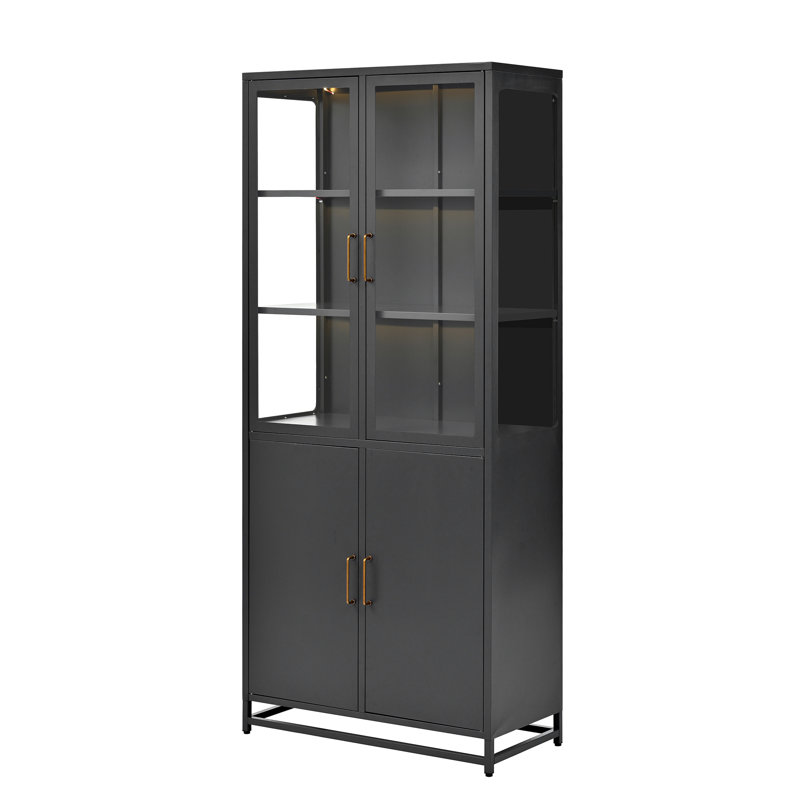Vitrine haute 76,75 po avec portes vitrées et lumières DEL, vitrine en acier pour la maison et le bureau - Noir, Noir