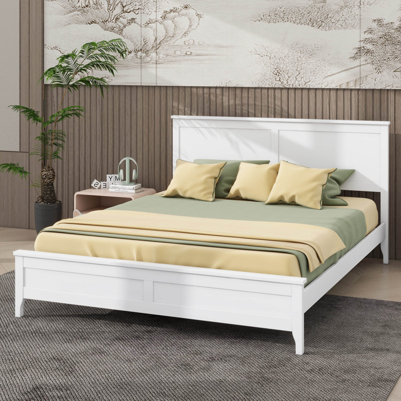 Simplistic Panel Bed Frame With Sturdy Wooden Slats Support, White, Queen