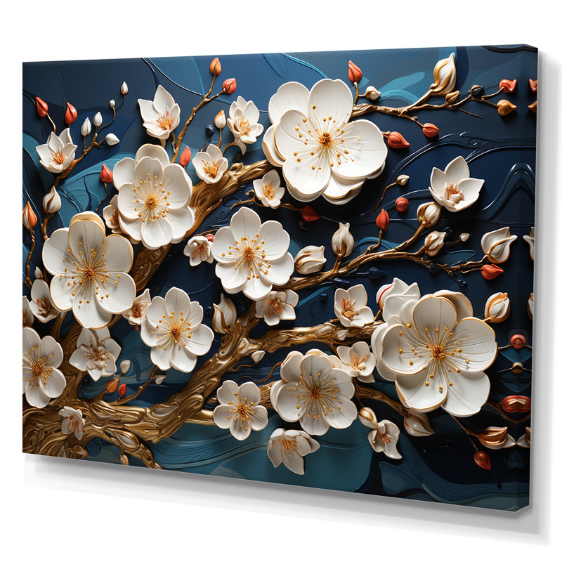 Orchidée blanche et bleue, branches d'arbre doré II - art mural floral abstrait, Toile tendue, H 16 po x l 32 po x P 1 po